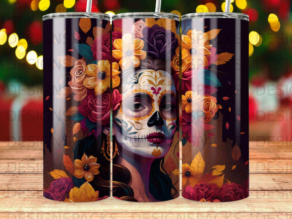 Sugar skull woman with colorful floral headdress and autumn leaves.