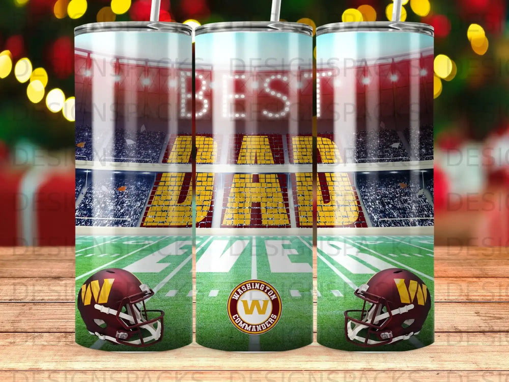 Washington Commanders "Best Dad" tumbler with football helmets and stadium background.