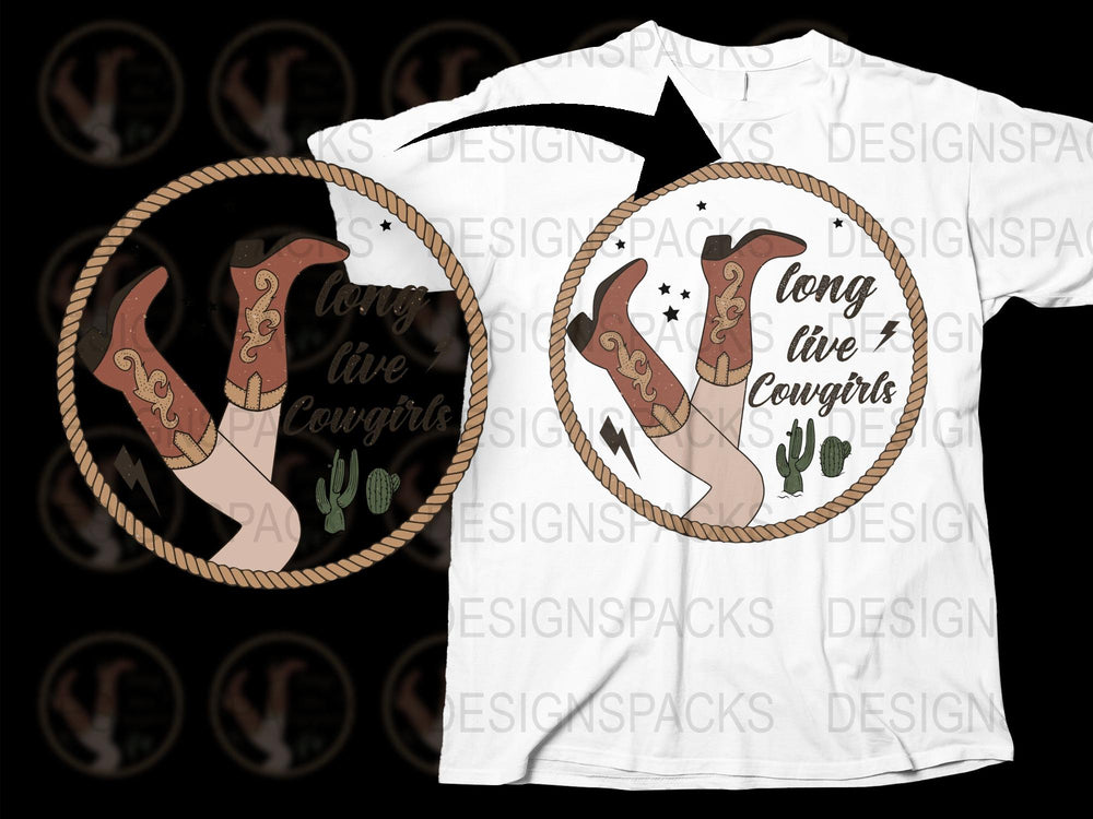 Long Live Cowgirls Western Inspired T-Shirt, Cowboy Boot Graphic Tee, Women's Country Style Shirt with Cactus and Lasso Design