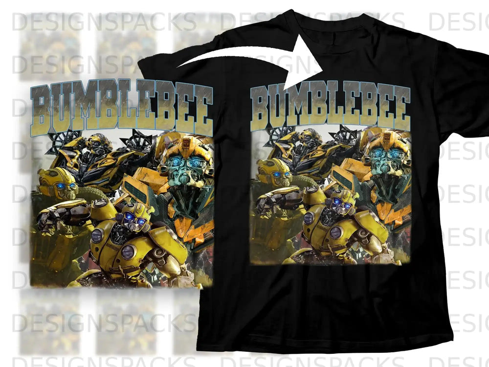 Black t-shirt featuring Bumblebee from Transformers.