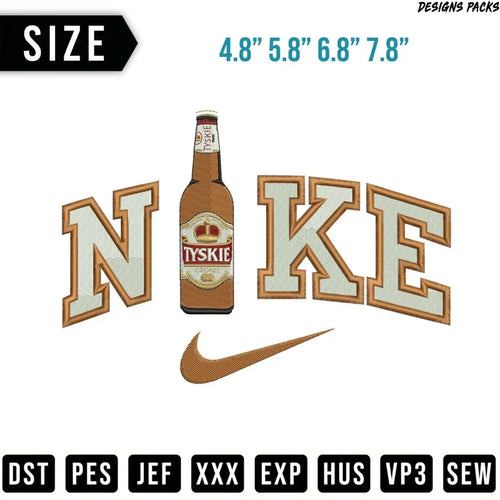 Nike logo embroidery design with Tyskie beer bottle and size options.