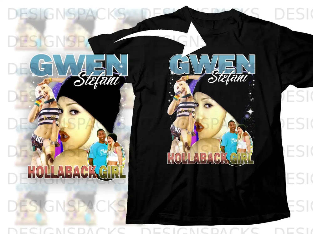 Black t-shirt with Gwen Stefani's face and "HOLLABACK GIRL".