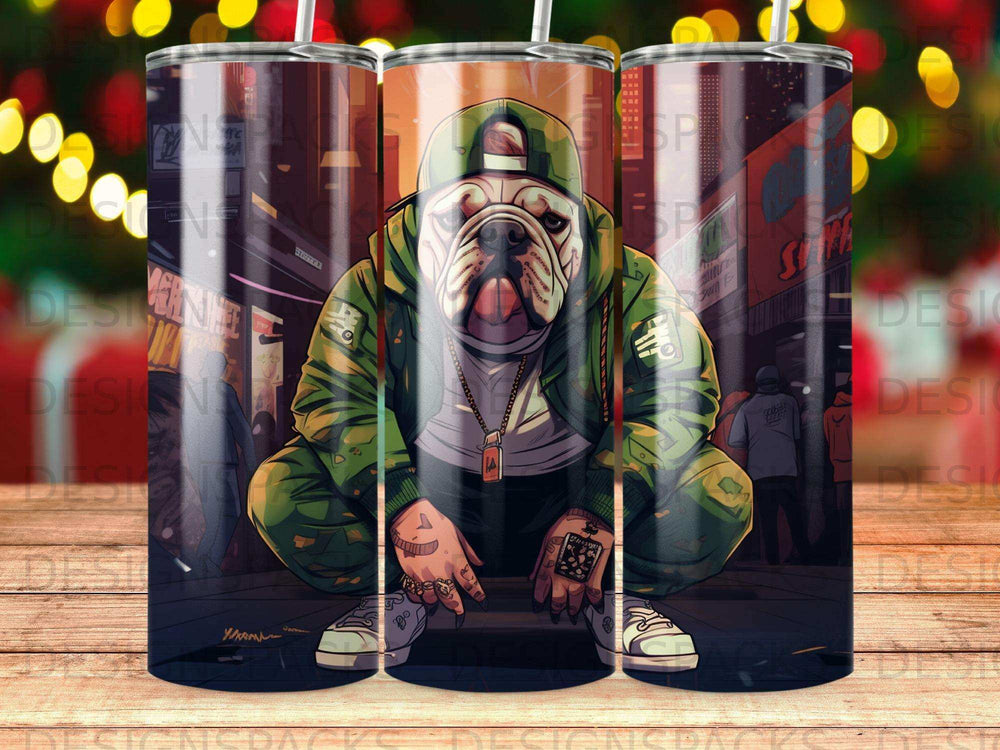 Bulldog wearing a green hoodie and cap, crouching with arms crossed.