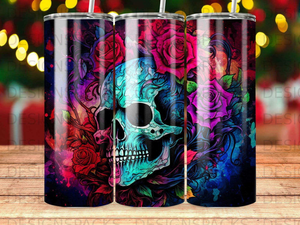 Teal and blue skull with colorful roses on a dark, textured background.