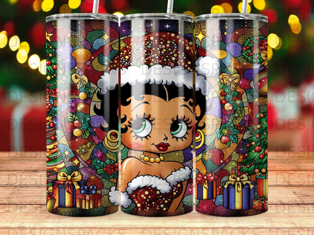 Betty Boop in festive attire with stained-glass and gift motifs.