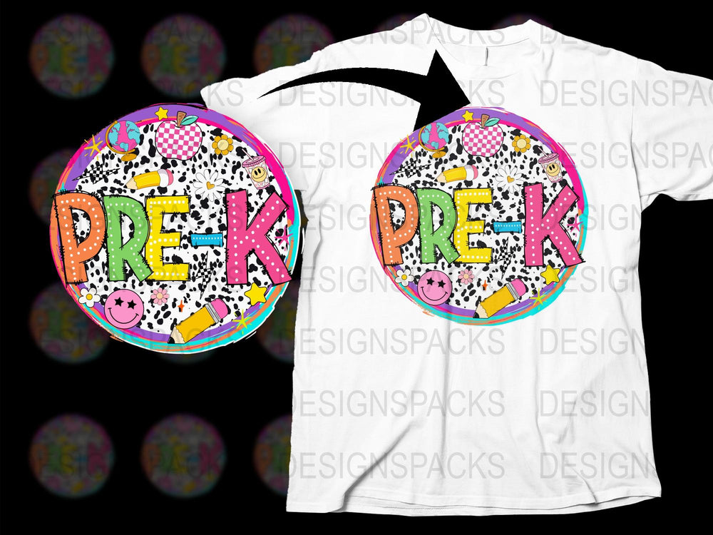 Pre-K Teacher T-Shirt, Fun Colorful Kids Design, Star Arrow Pattern, School Apparel