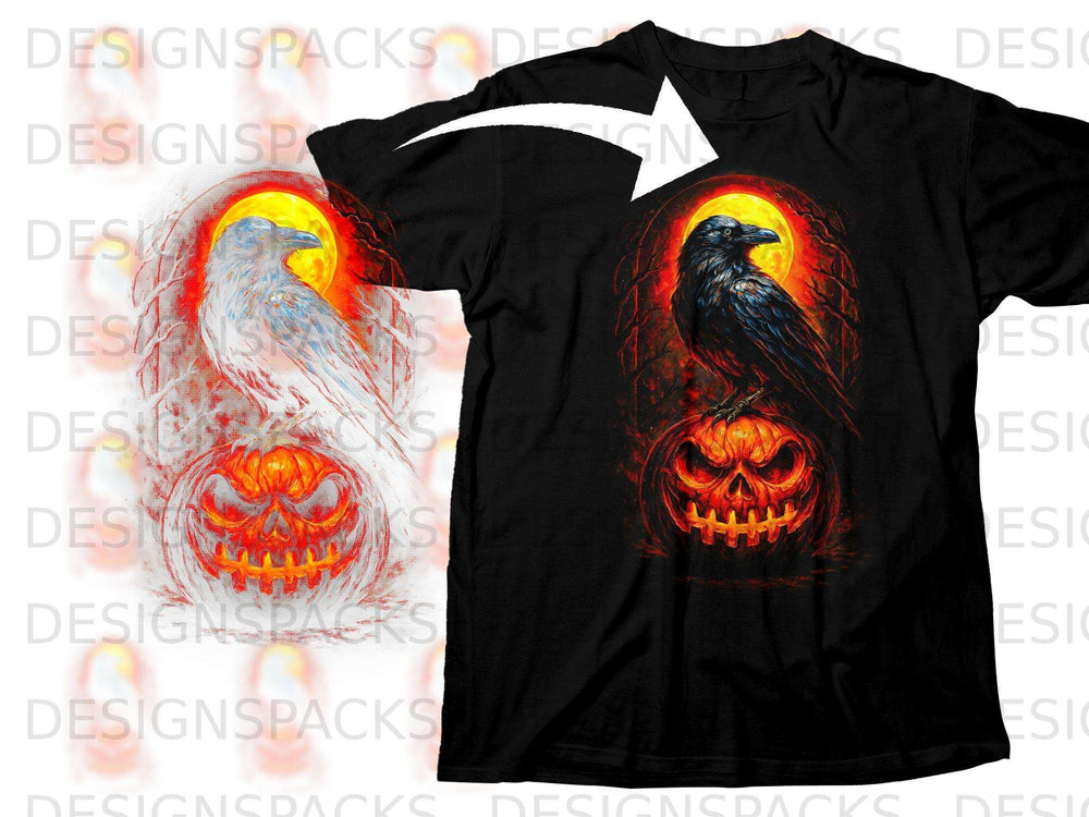 Black t-shirt with a Halloween graphic of a black raven on a carved pumpkin.