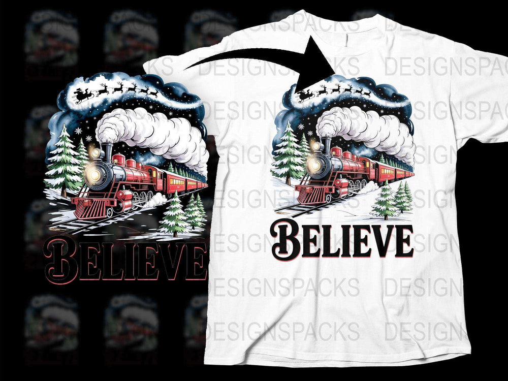 Vintage Train T-Shirt 'Believe' Holiday Graphic Tee, Christmas Locomotive Design, Snowy Scene, Festive Apparel for All Ages