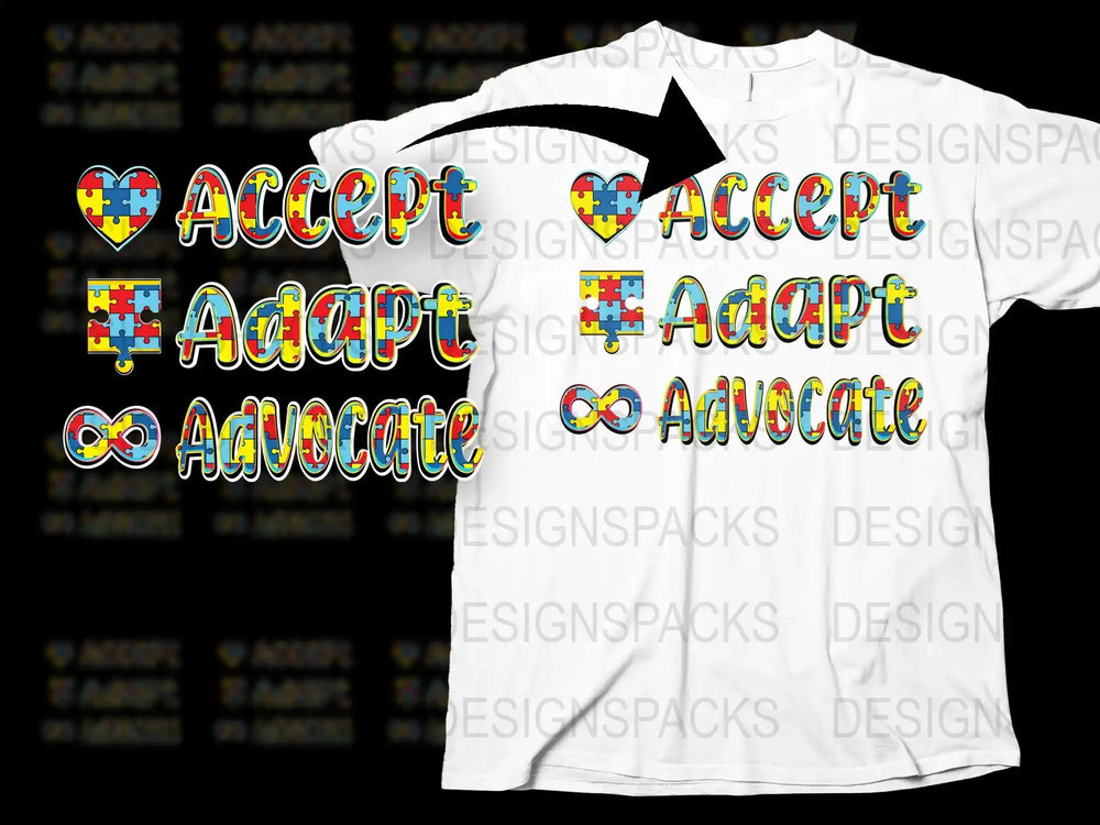 Accept Adapt Advocate T-Shirt, Colorful Autism Awareness Tee, Heart Puzzle Print, Unisex Fashion Top