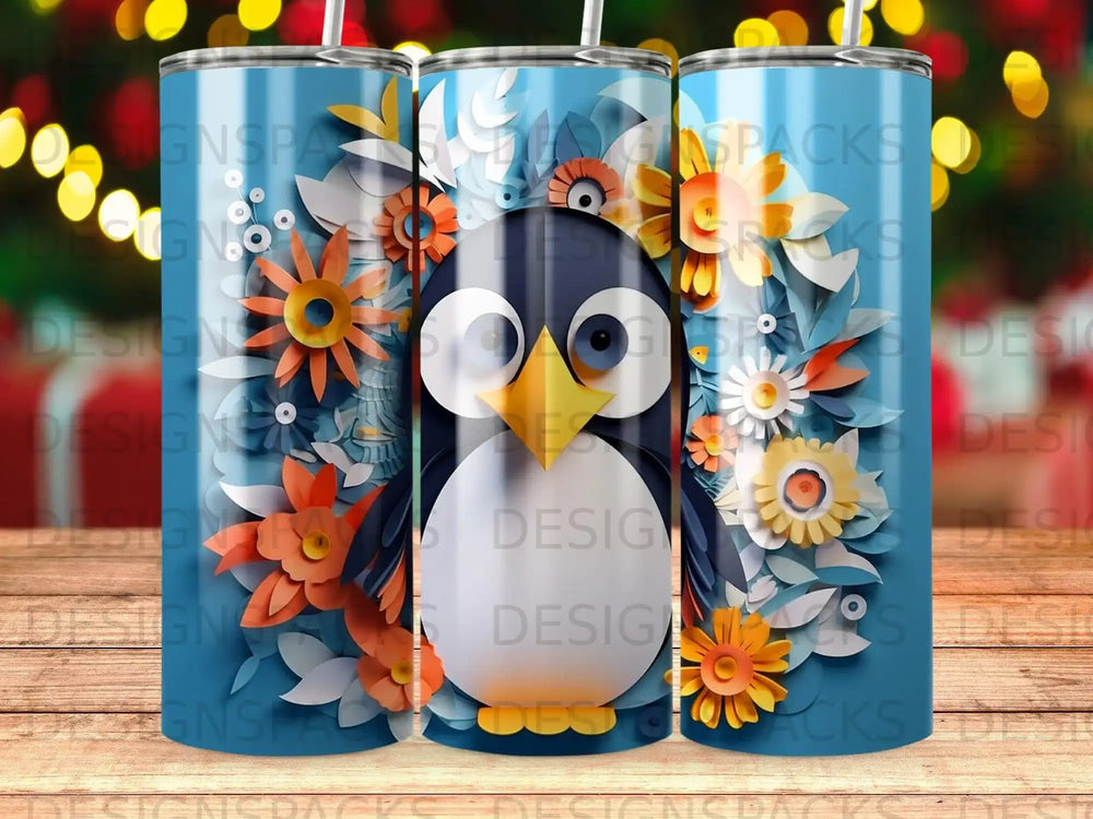 Penguin with floral pattern on blue background, skinny tumbler.