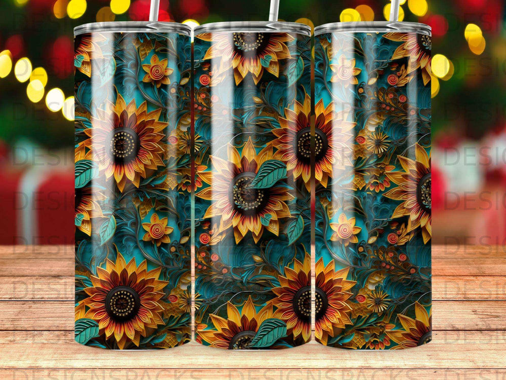 Sunflower pattern on a tumbler with decorative floral accents.
