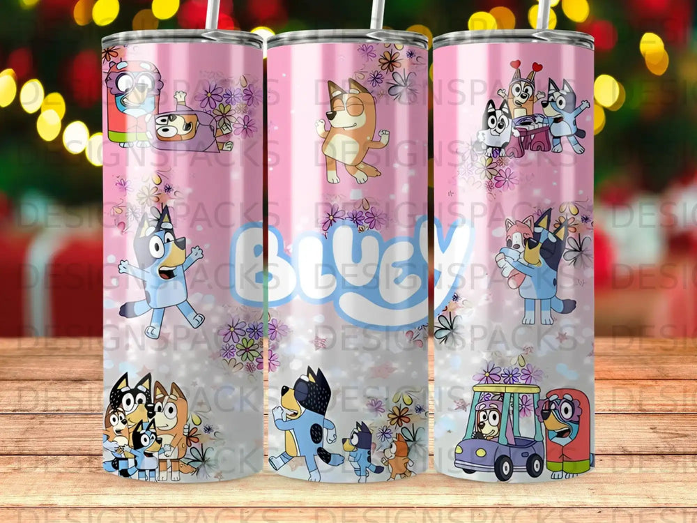 Bluey characters and logo on a pink tumbler with colorful patterns.