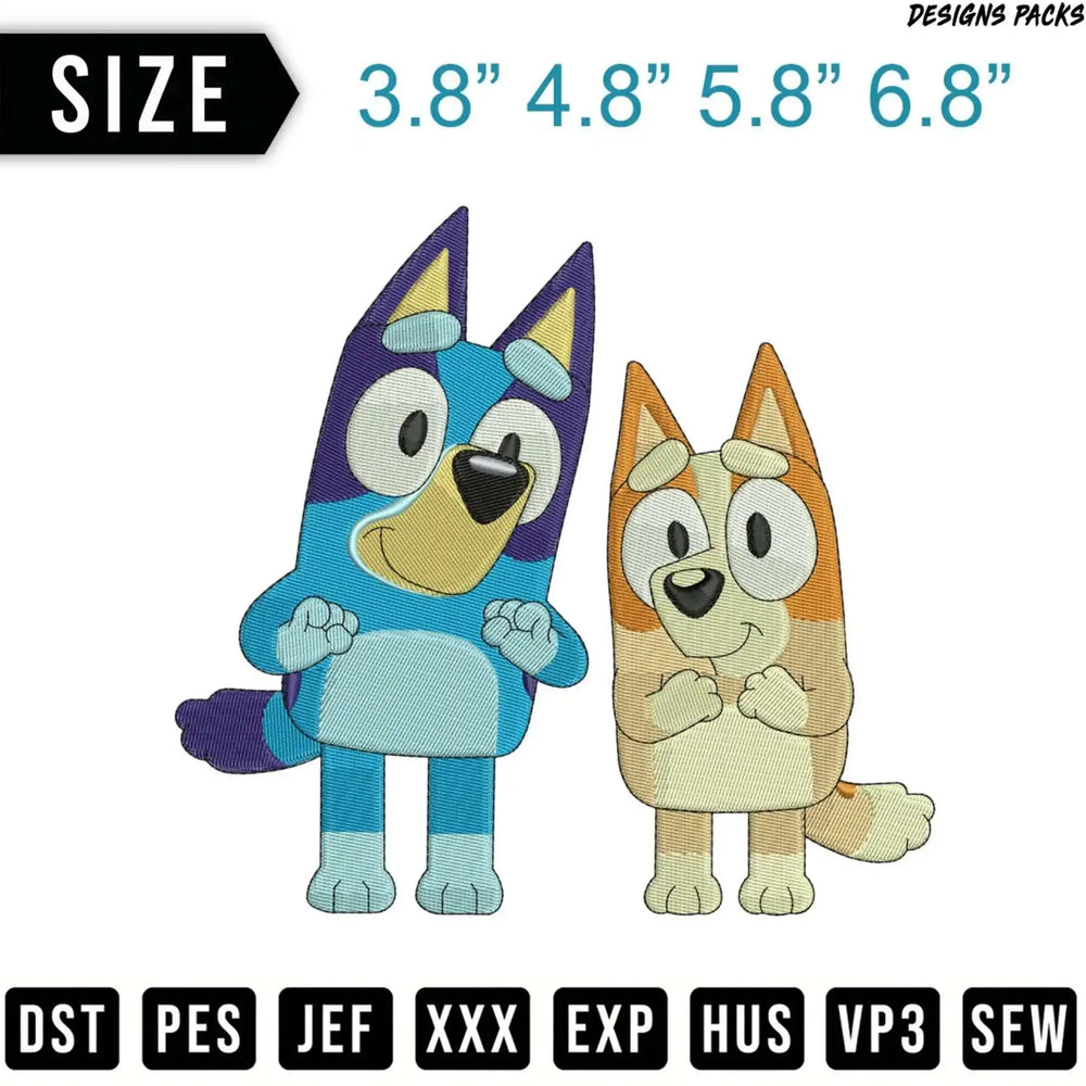 Two cartoon dogs, Bluey and Bingo, with embroidery file formats listed.