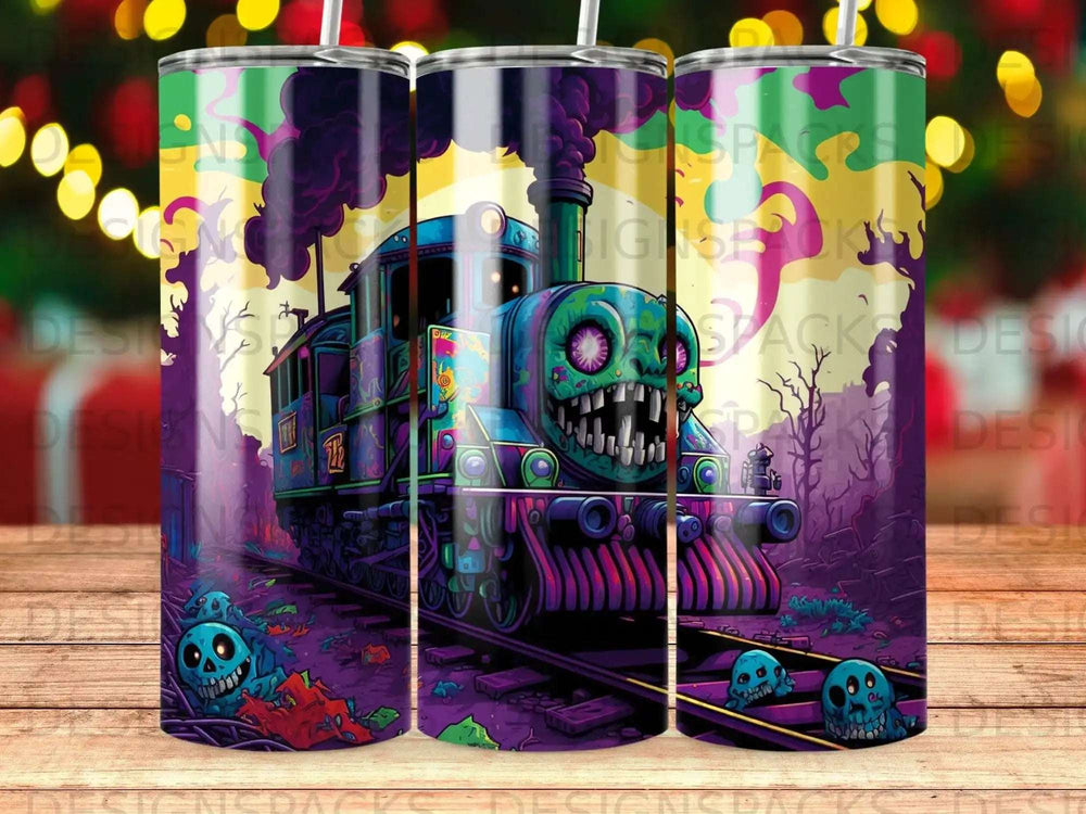 Spooky cartoon train with smiling skull faces and glowing eyes.