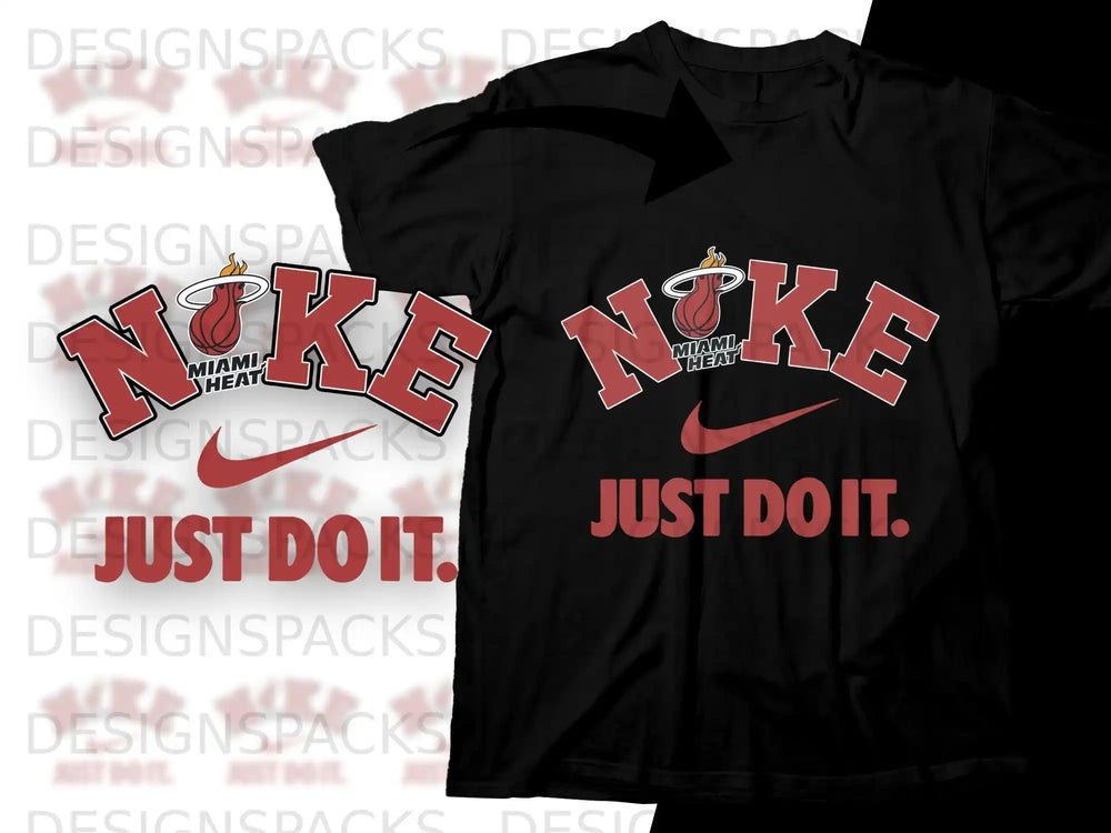 Black t-shirt with red and white "NIKE JUST DO IT." Miami Heat logo.