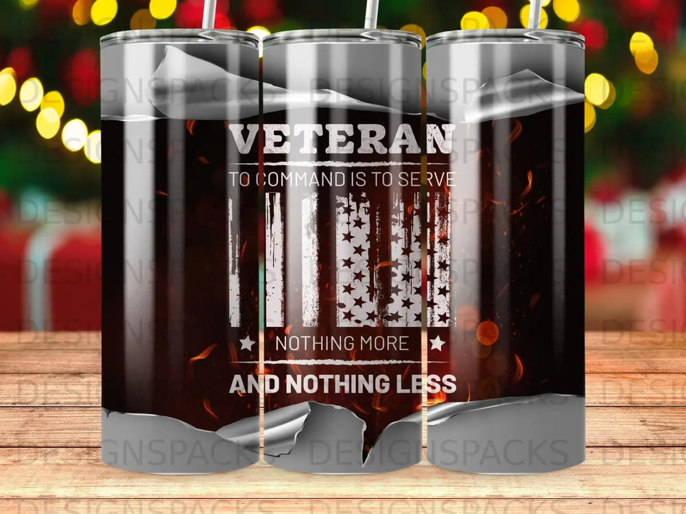 Veteran tumbler with American flag and patriotic text.