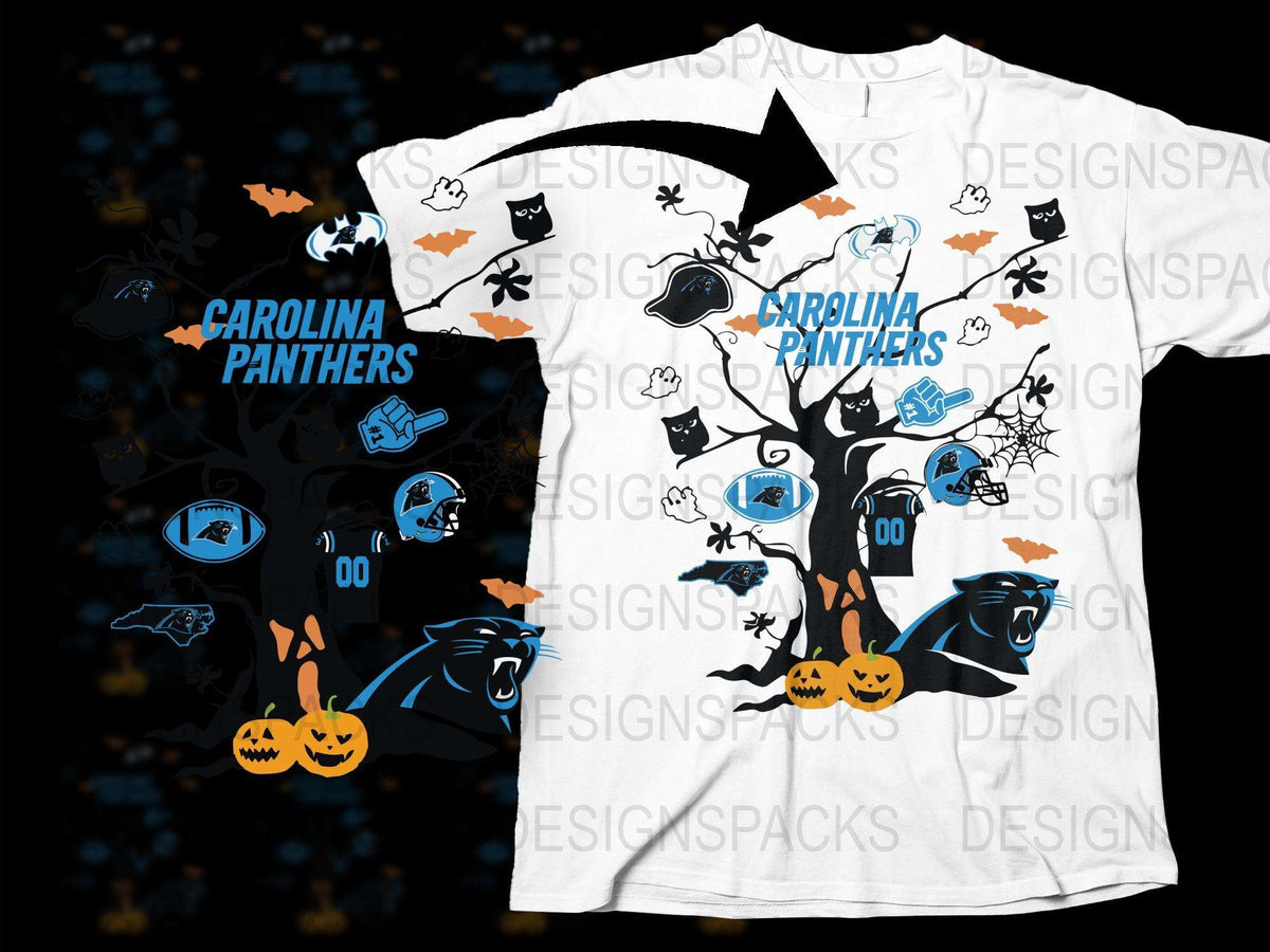 Carolina Panthers Halloween Themed T-Shirt, Spooky Cat and Pumpkin Design, NFL Fan Apparel