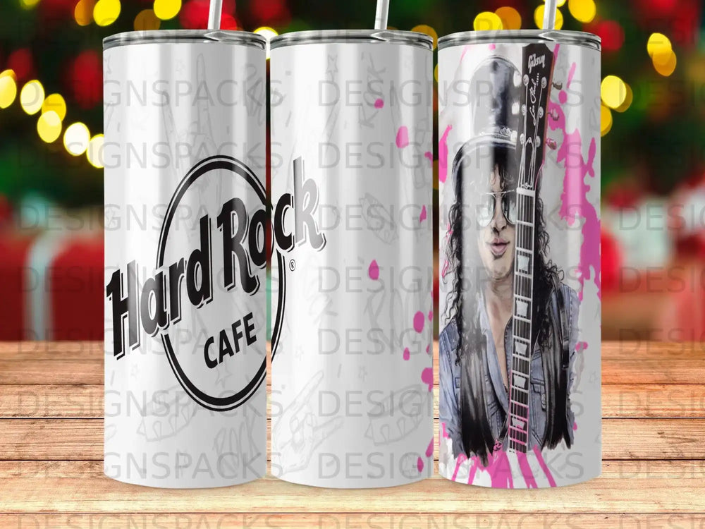 Hard Rock Cafe tumbler with Les Paul guitar and sunglasses.