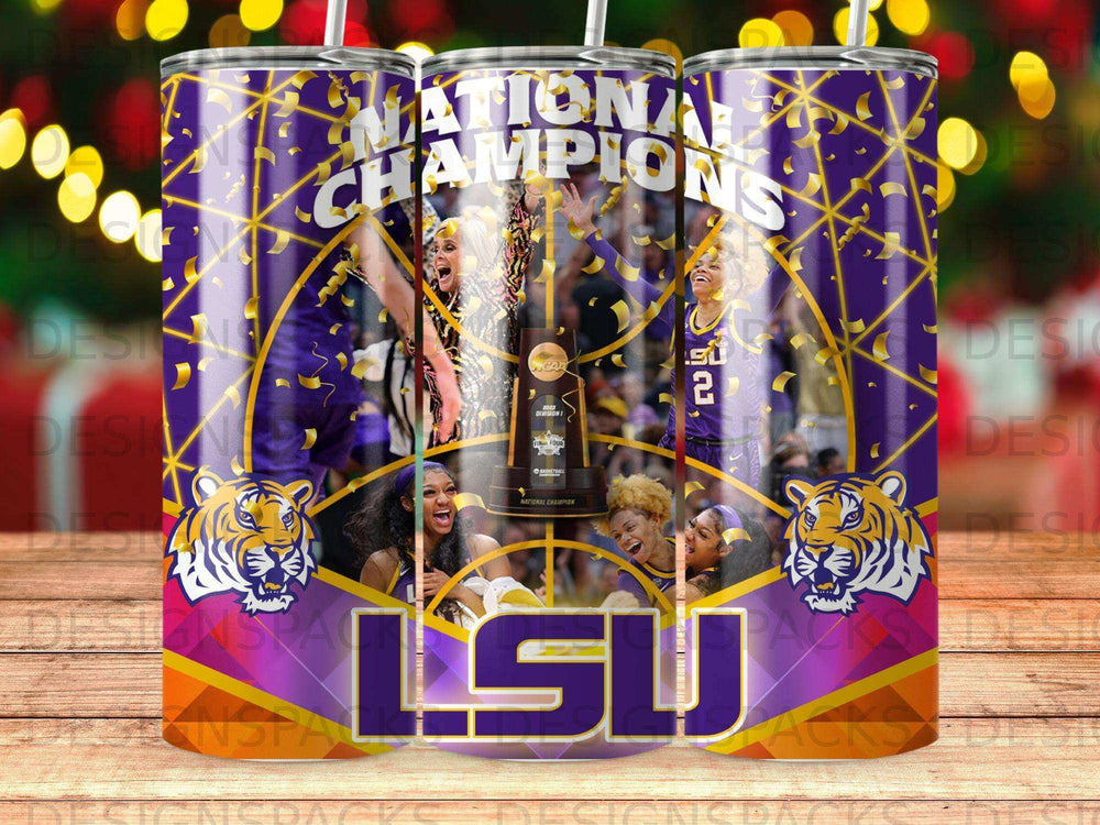 LSU Tigers National Champions 2023 basketball tumbler with tigers and confetti.