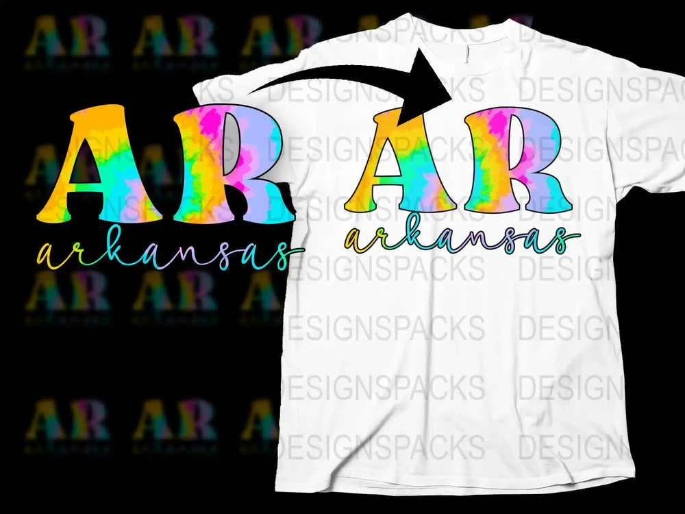 Colorful Arkansas Lettering T-Shirt, Rainbow Tie-Dye AR State Pride Graphic Tee, Unisex Fashion Top