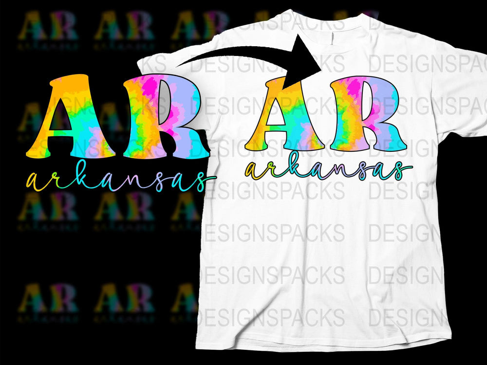 Colorful Arkansas Lettering T-Shirt, Rainbow Tie-Dye AR State Pride Graphic Tee, Unisex Fashion Top