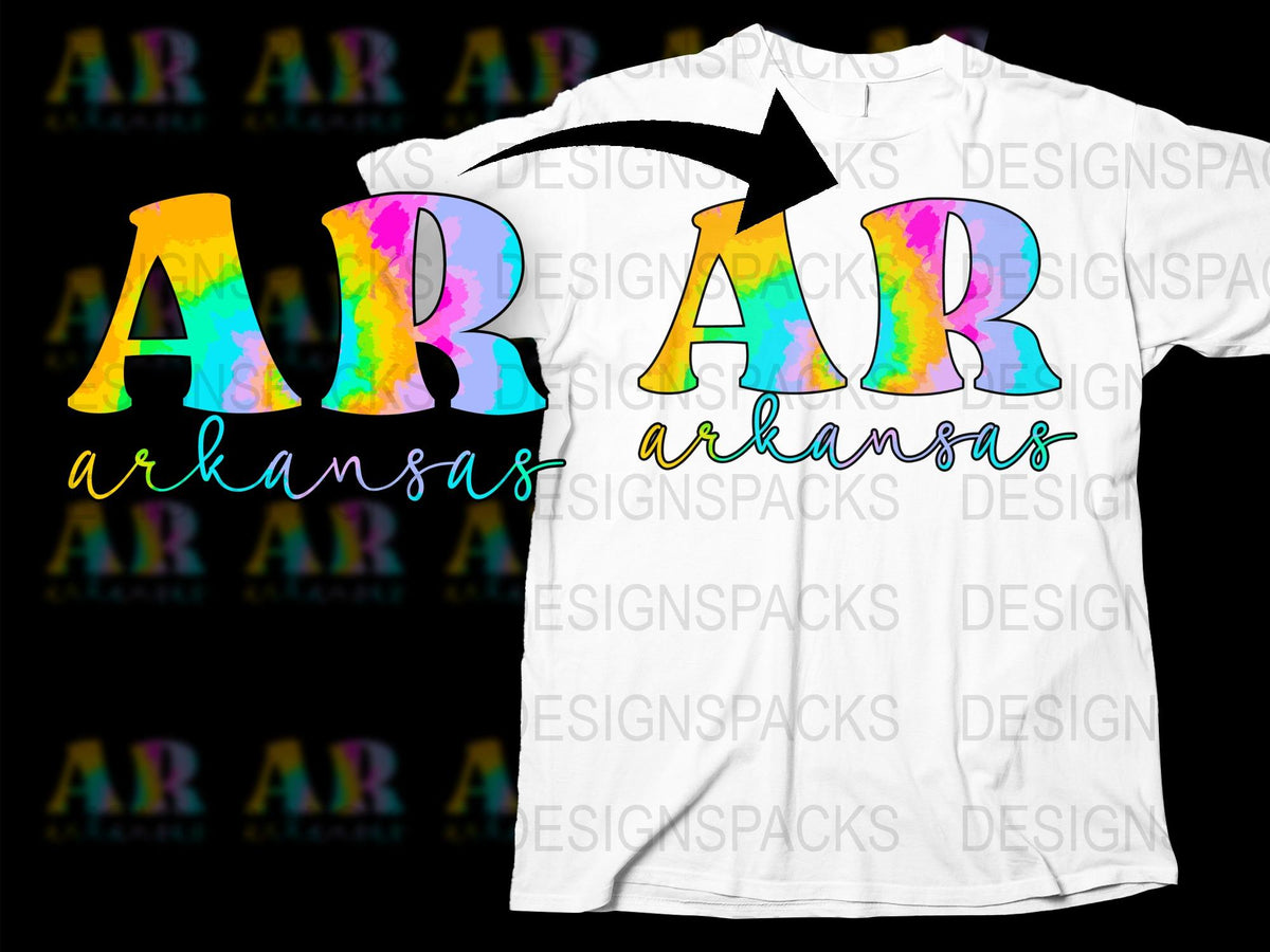 Colorful Arkansas Lettering T-Shirt, Rainbow Tie-Dye AR State Pride Graphic Tee, Unisex Fashion Top