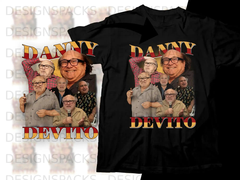 Danny DeVito collage on a black t-shirt with "DANNY DEVITO" text.