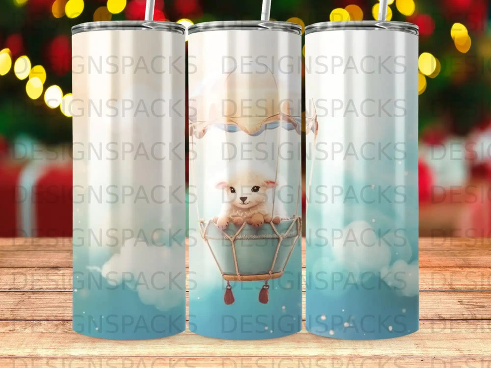 Illustration of a lamb in a hot air balloon with colorful backgrounds.