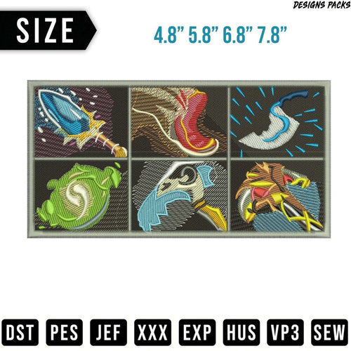 Six embroidered game weapon icons in different sizes and file formats.