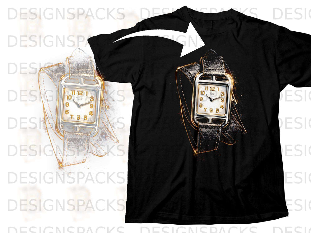 Black t-shirt with an illustration of a Hermès watch with a black band.