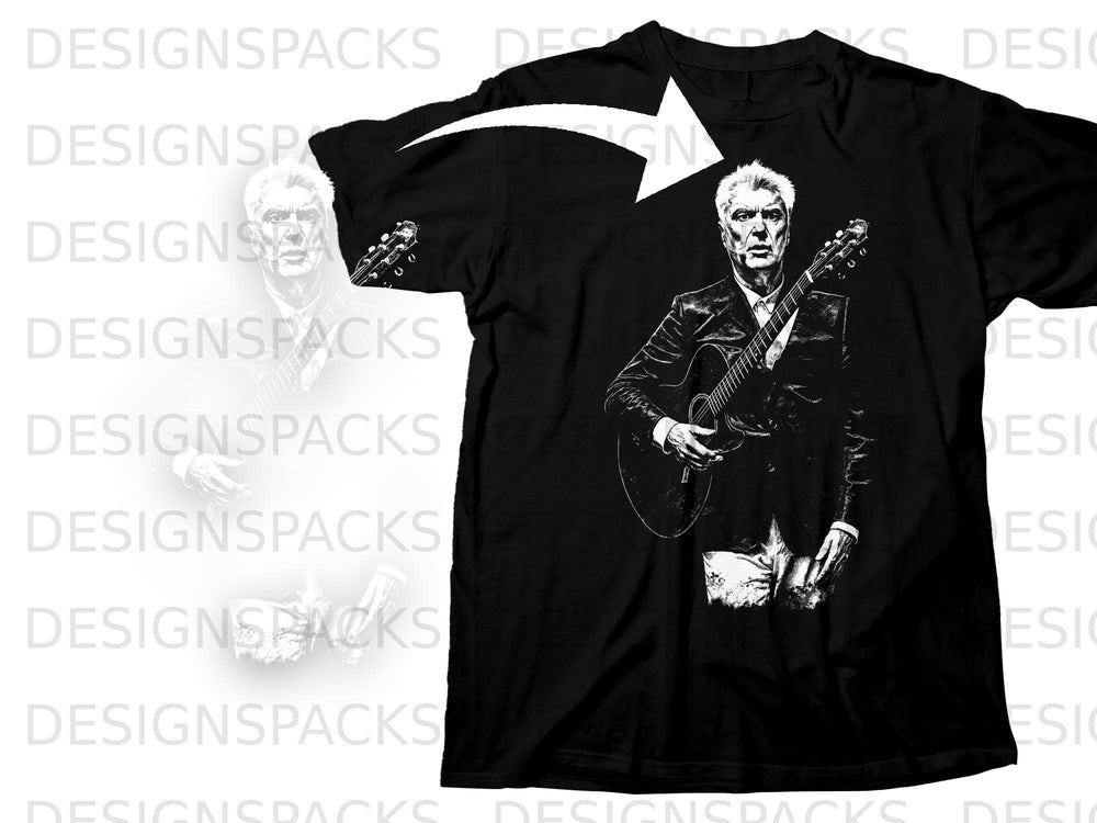 Black t-shirt with a sketch of a man playing guitar.