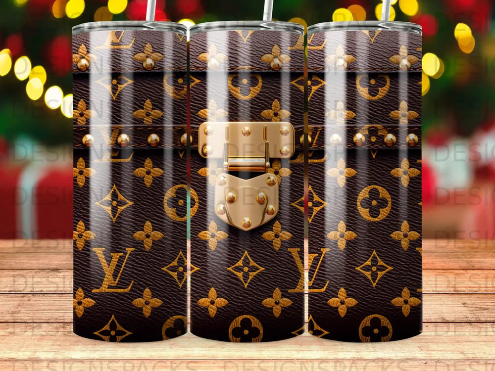Brown tumbler with repeating LV monogram and gold buckle design.