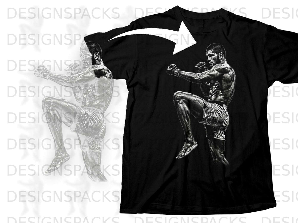 Black t-shirt featuring a detailed black and white graphic of a fighter in mid-action pose.