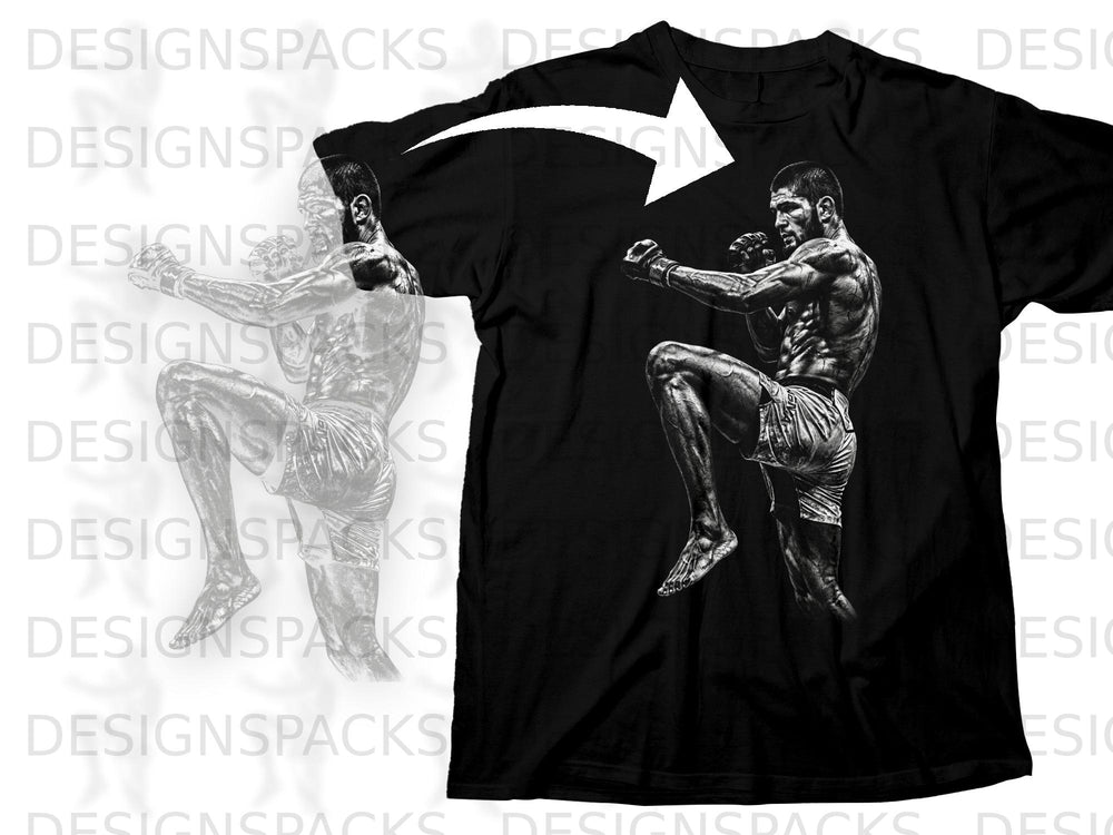 Black t-shirt featuring a detailed black and white graphic of a fighter in mid-action pose.