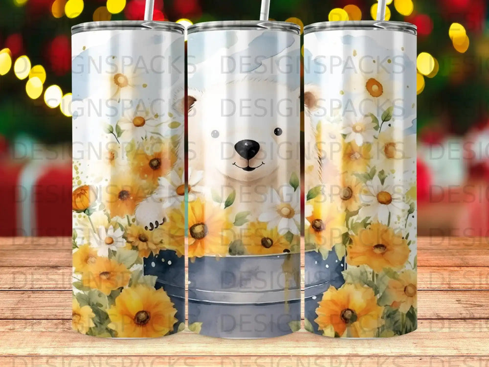 Polar bear with sunflowers in a bucket, watercolor style.