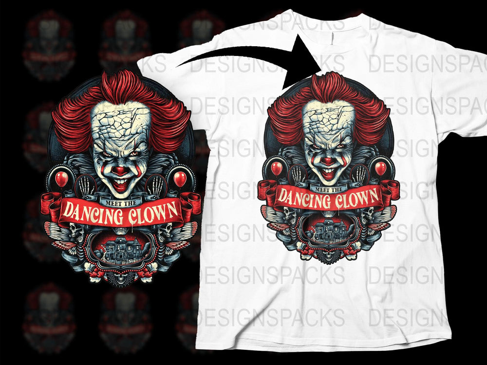 Dancing Clown T-Shirt, Horror Movie Fan Tee, Creepy Clown Graphic Shirt, Unisex Horror Apparel, White Cotton Shirt with Red Hair Clown