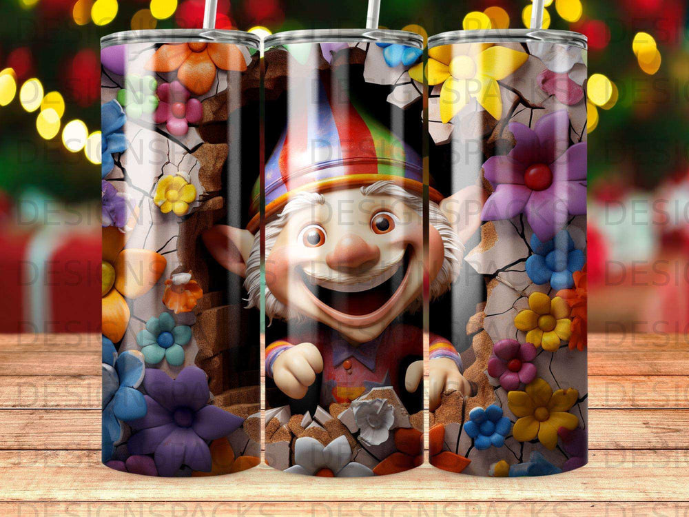 Smiling gnome breaking through cracked wall with colorful flowers.