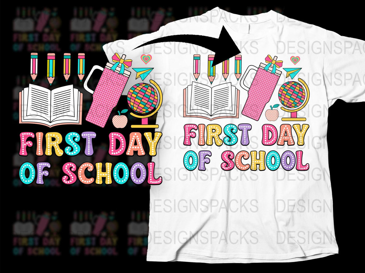 First Day of School T-Shirt, Colorful Books and Apple Design, Kids Unisex Back To School Tee