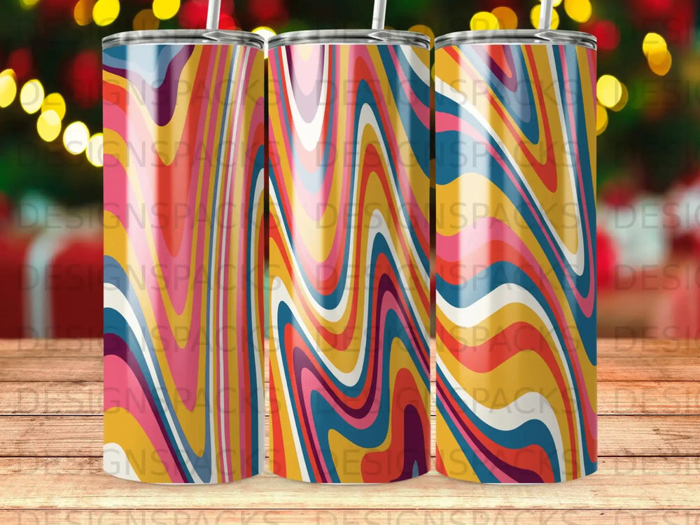 Three tumblers with a colorful psychedelic wave pattern.