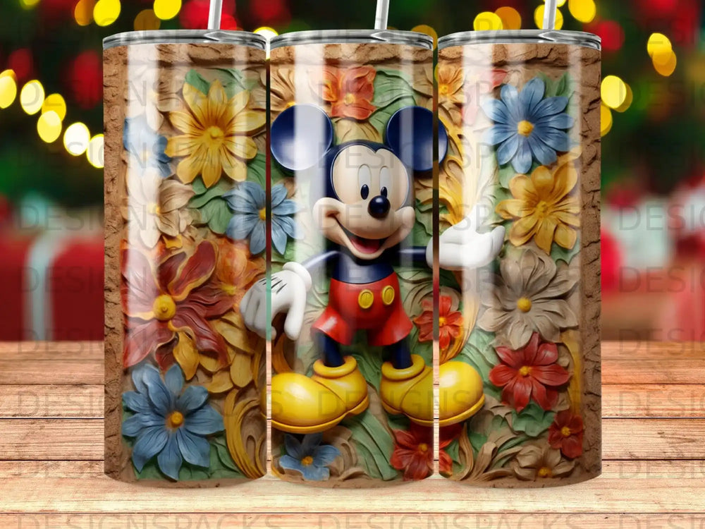 Mickey Mouse in front of a floral embossed background.