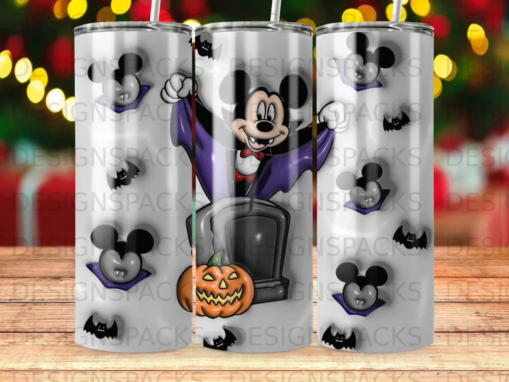 Mickey Mouse in Halloween costume with tombstone and pumpkin.