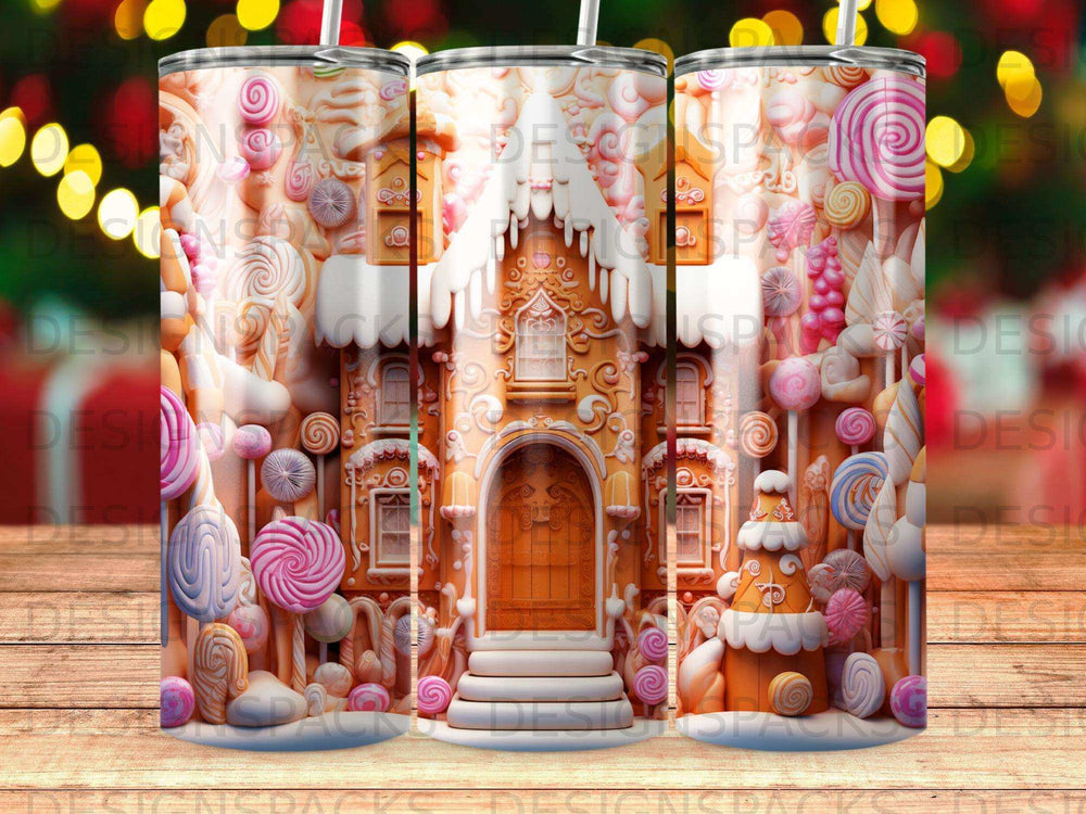Gingerbread house with candy decorations and lights.