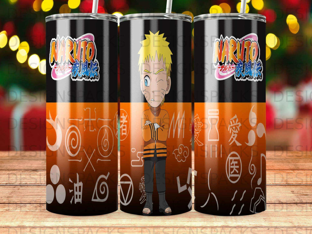 Naruto Uzumaki on a tumbler with Japanese characters and clouds.