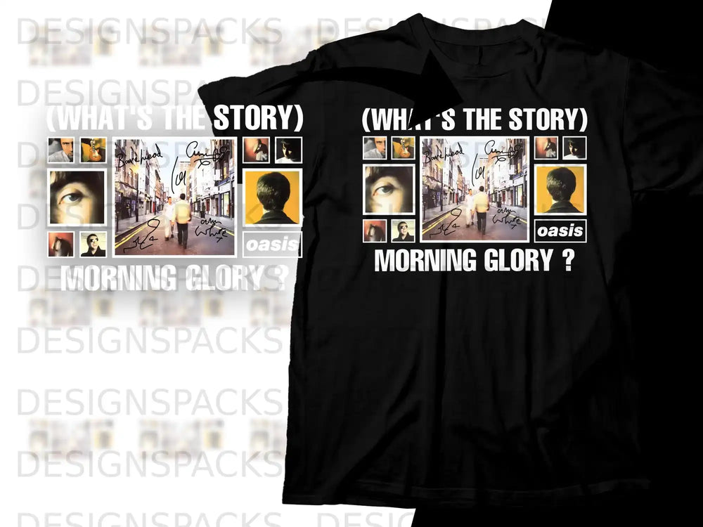 Oasis (What's the Story) Morning Glory? album cover art on a black t-shirt.