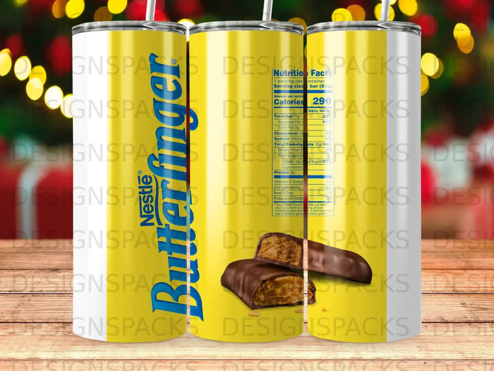 Butterfinger candy bar wrapper and nutrition facts label on tumbler.
