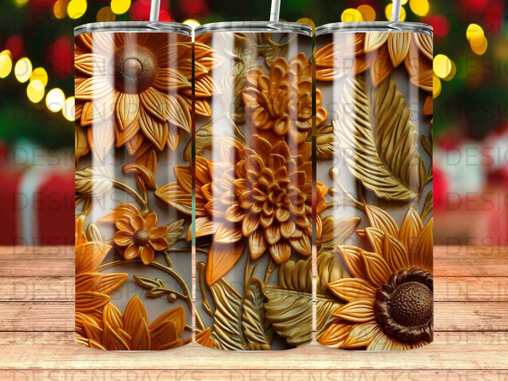 Floral pattern tumbler with sunflowers and textured leaves.