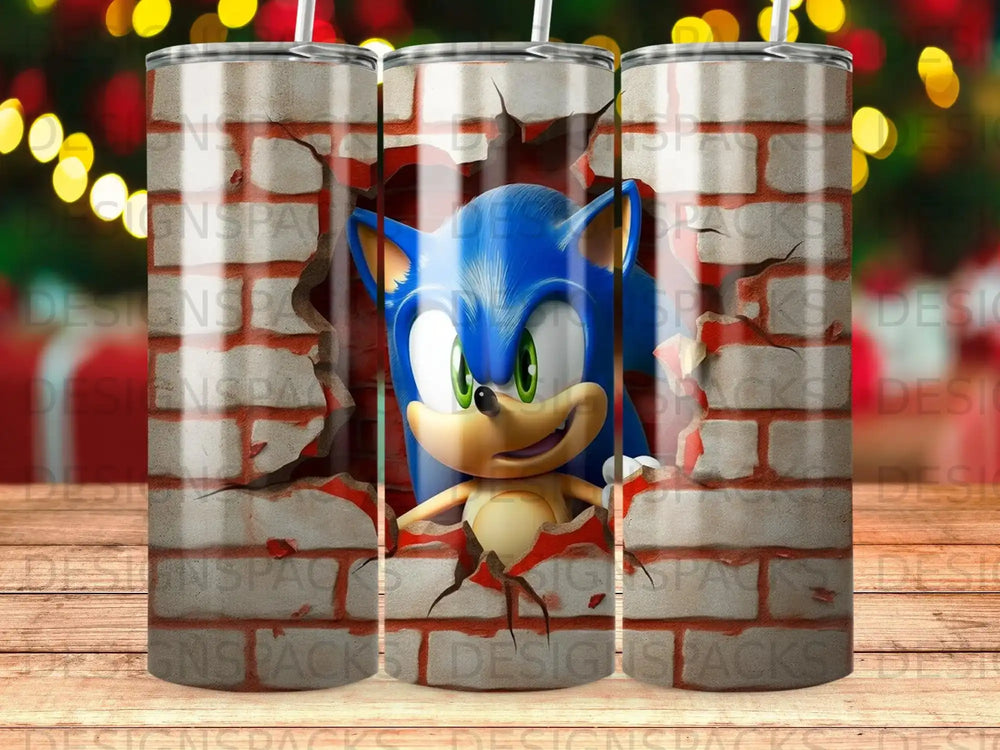 Sonic the Hedgehog bursting through a brick wall.