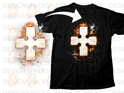 Black t-shirt with a white cross graphic on fire and explosions.