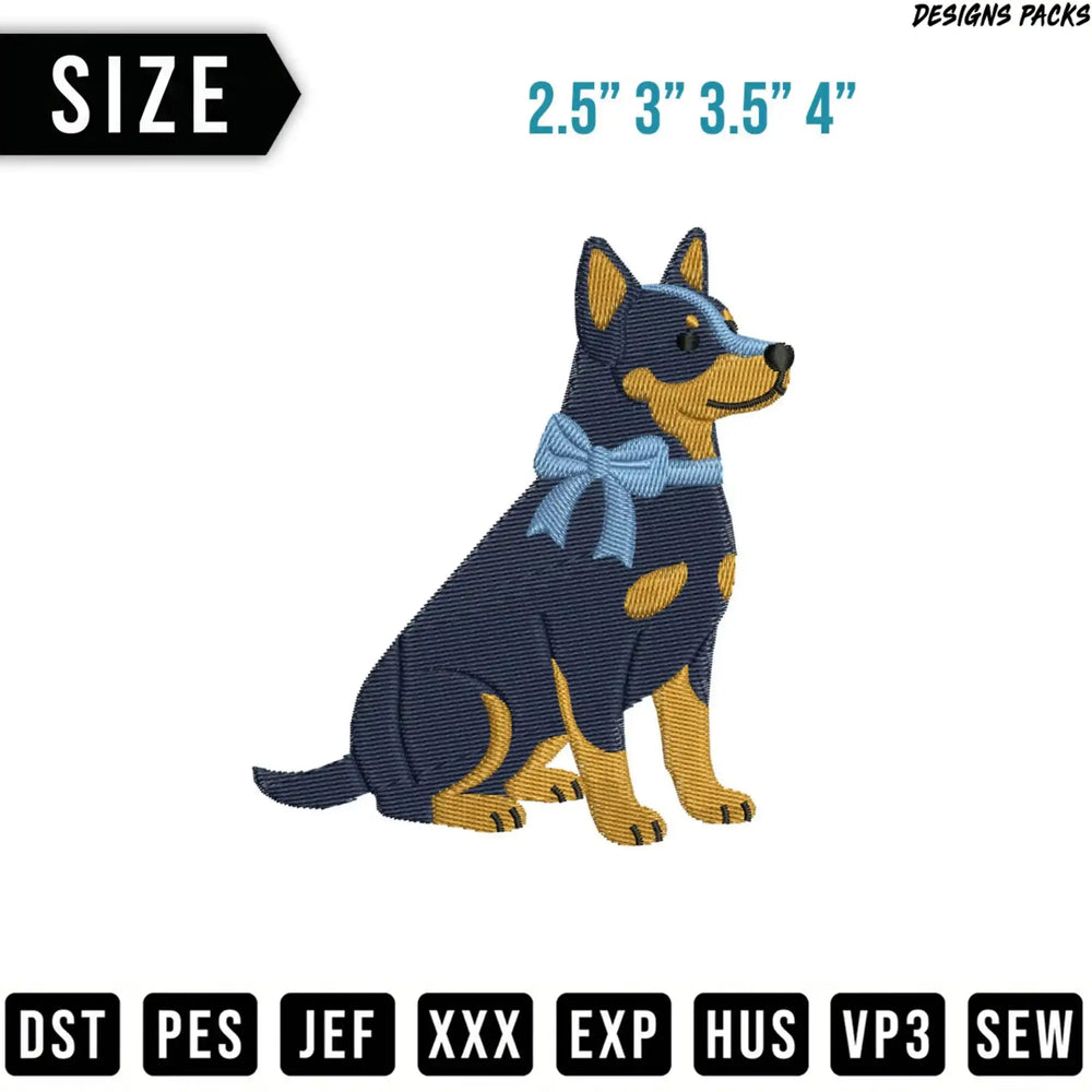 Blue heeler dog embroidery design with size options and file formats.