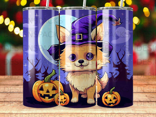 Chihuahua in a witch hat with pumpkins under a spooky moon.